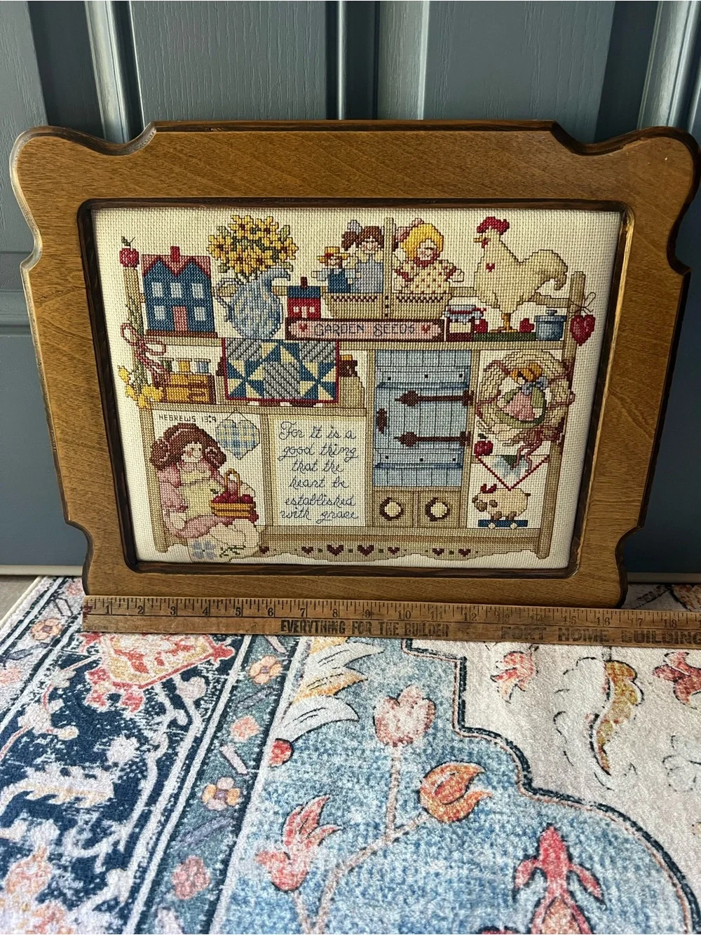 Vintage Cottage Core Wood Framed Counted Cross-Stitched Farmhouse Hebrews 13:9